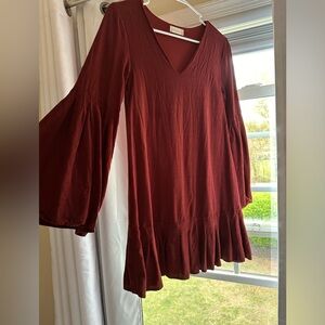 Maroon, bell bottom sleeved mini dress